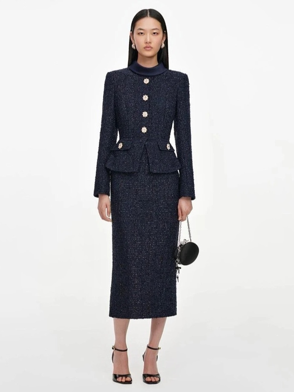 Self-Portrait NWOT NAVY BOUCLE TAILORED MIDI DRESS